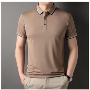 Atom Coffee Polo Tshirt Tan Mens Stripe Short Sleeve Shirt Sz XL NEW